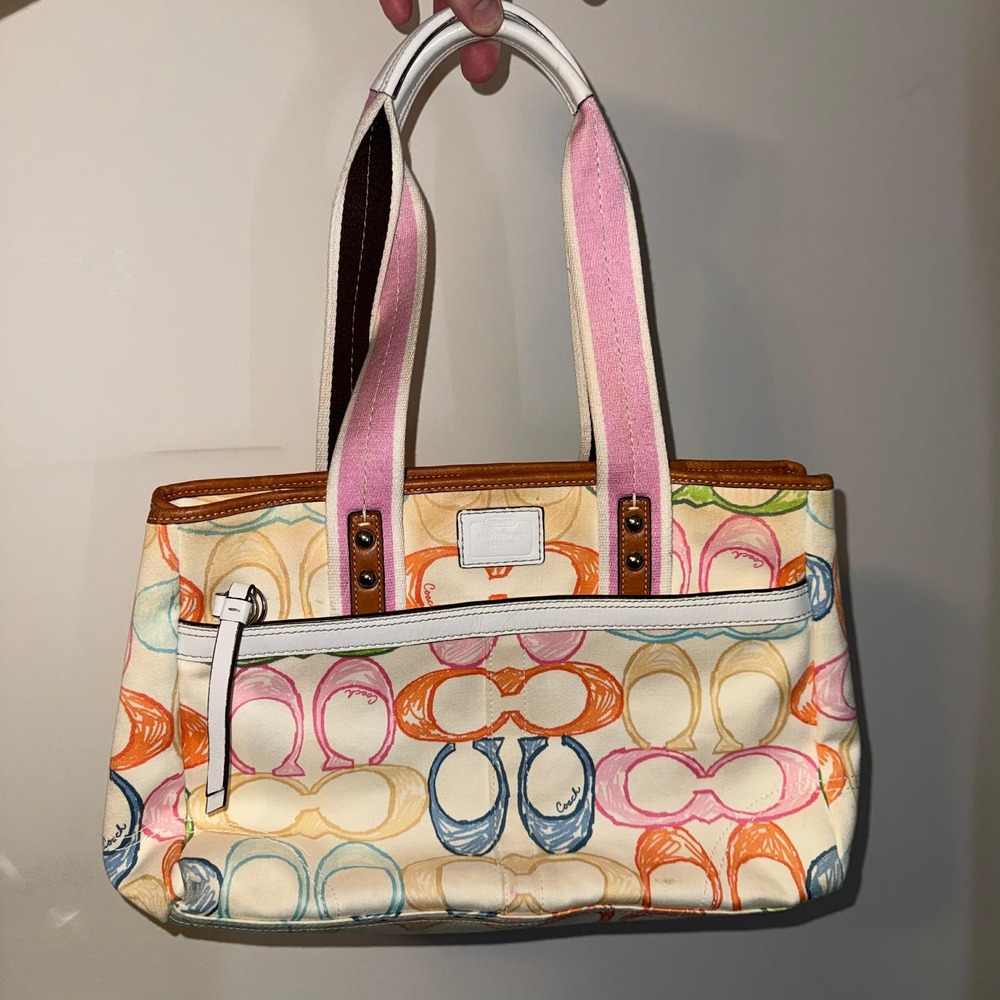 Coach Hampton Scribble Signature Tote Bag Multicolor Canvas Leather Trim